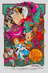 Illustrations are beautiful when done by hand, but when it comes to laying color where you want it, fixing mistakes, and creating crisp, flowing compositions, Adobe's Illustrator program is extremely powerful. As shown in this recreation of Alice and Wonderland, though there is so much going on in the composition and colors, the neat line strokes and flow of the images make the characters look crisp and finished. (Reinvented Disney Posters by Mondo)